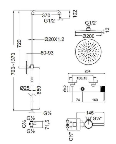 Στήλη Ντουζ Armando Vicario Slim Black Matt Με Μπαταρία & Ανακλινόμενη Κεφαλή & Τηλέφωνο με στήριγμα (500065-400)