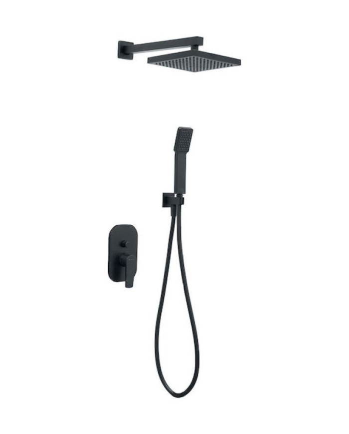 Built-in Complete Bathroom Set Square Modea Optima Black, 2 Outlet Mixer & Bell 20x20cm & Telephone with Bracket