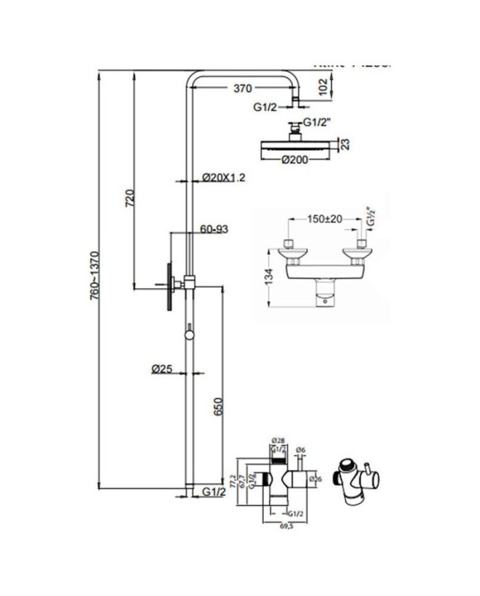 Eurorama Klint Chrome Adjustable Height Shower Column With Faucet & Tilting Head & Telephone (142065-100)