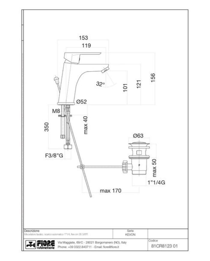 Fiore Kevon Chrome Tall Mixer Tap with Click-Clack Valve (81CR8123)