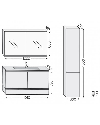 Bathroom Furniture Furnibath Malaga100A Walnut Base, Washbasin, Mirror-Closet (72ML100ALL)