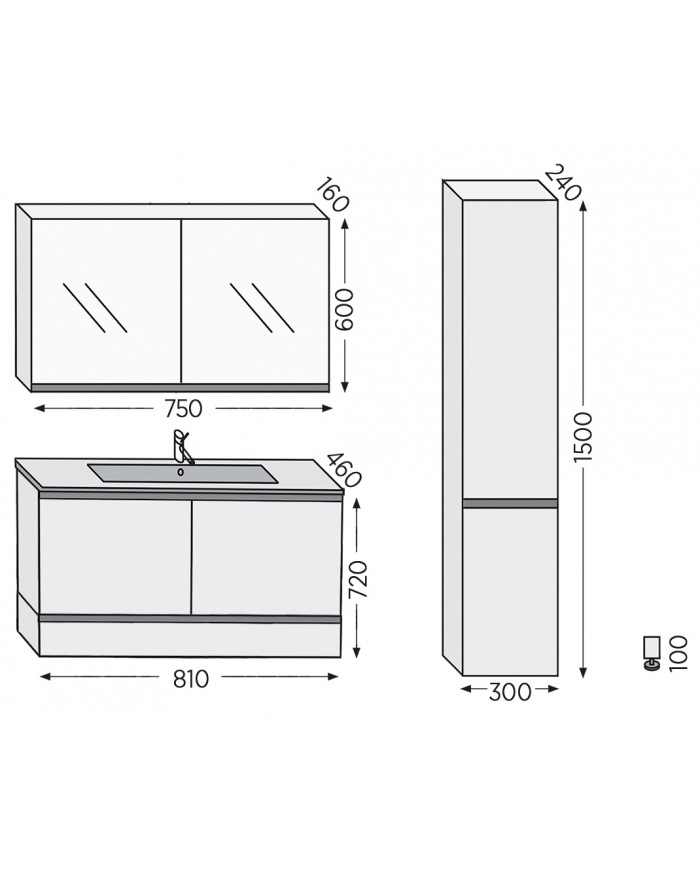 Bathroom Furniture Furnibath Malaga 80A Royal White Base, Washbasin, Mirror-Closet (72ML80AWH)