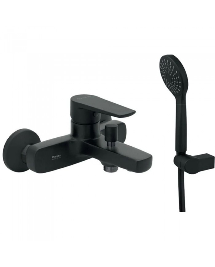Modea Optima Bathroom Faucet Black Matt Wall-Mounted Set With Shower Telephone,Spiral & Base(00-02502/B