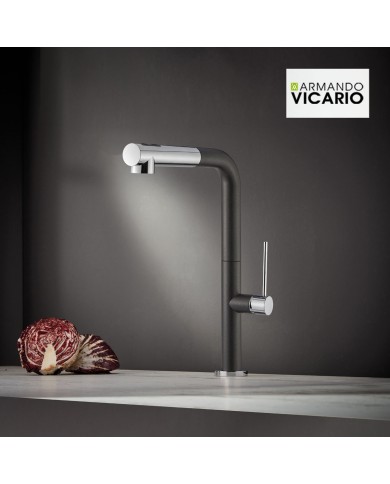 Μπαταρία Νεροχύτη Πάγκου Με Περιστρεφόμενο Ρουξούνι & Συρόμενο Ντους Διπλής Ροής Armando Vicario Tozo 48580 Nero