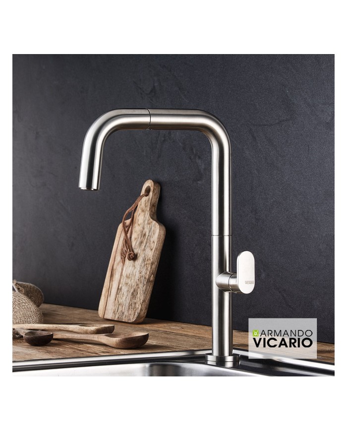 Armando Vicario Eva Inox Finish Countertop Sink Faucet With Sliding Shower & Swivel Spout (400746-110)