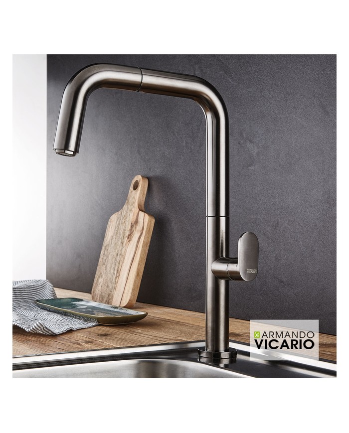 Armando Vicario Eva Black Brushed Countertop Sink Faucet With Sliding Shower & Swivel Spout (400746-410)