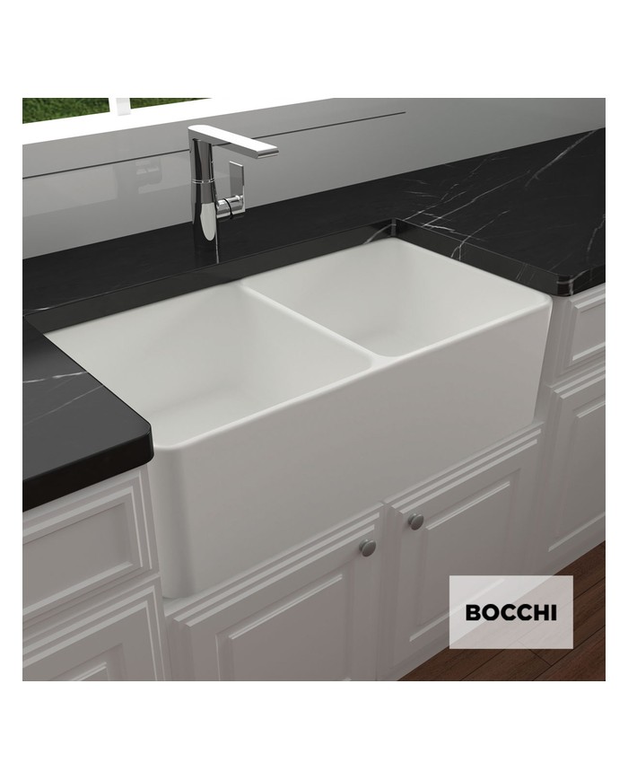 Bocchi Farmhouse White Porcelain Two-Bowl Undermount Kitchen Sink (86x46 cm)