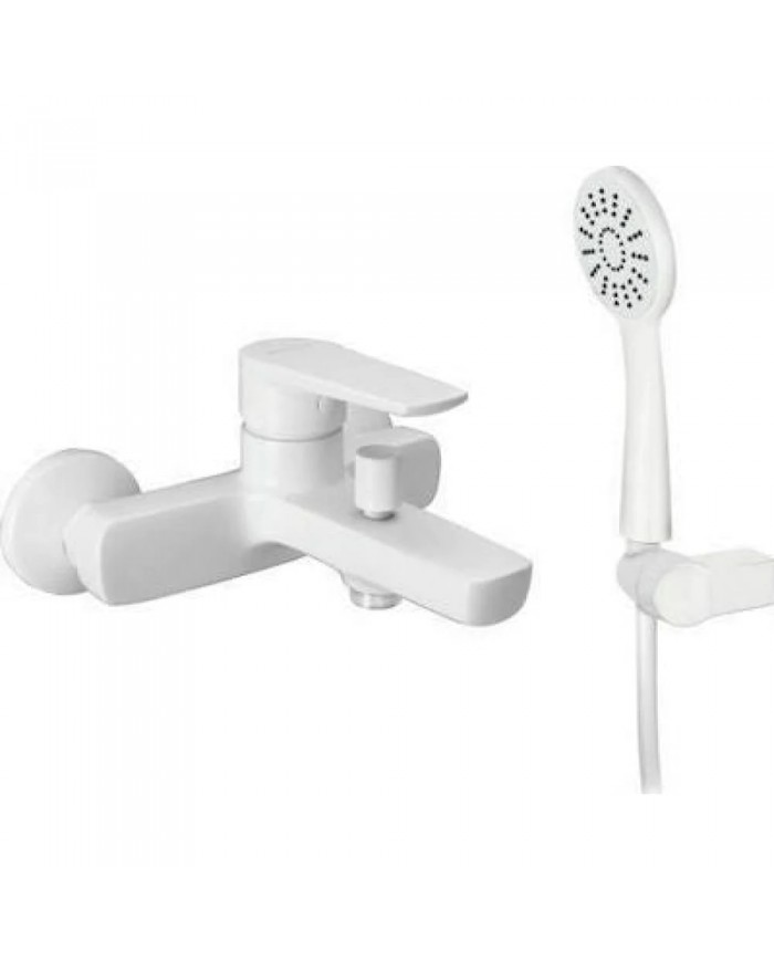 Modea Optima Bathroom Faucet White Mat Wall-Mounted Set With Shower Telephone, Spiral & Base (00-02502/W)