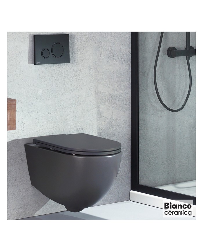 Λεκάνη Κρεμαστή Rimless Bianco Ceramica Lenta / 53 με Κάλυμμα Βακελίτη Slim Soft Close  (51,5cm) Χρώμα: Anthracite Matt