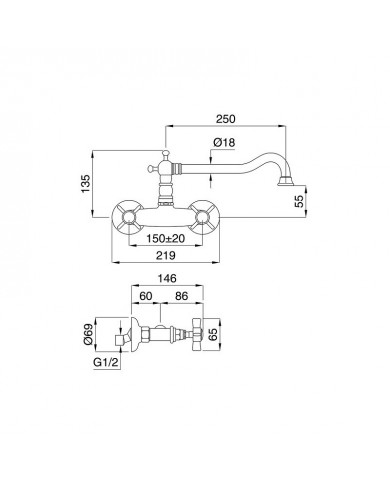 Μπαταρία Νεροχύτη Τοίχου Με Περιστρεφόμενο Ρουξούνι Princeton Bugnatese Bronze (852-220)