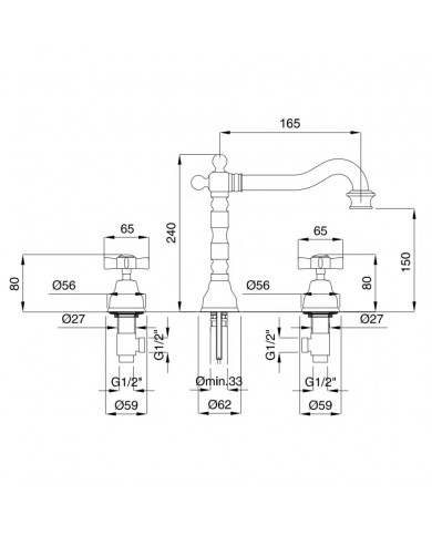 Μπαταρία Νιπτήρα Ρετρό Bronze Αναμεικτική Bugnatese Princeton 3 Οπών με Αυτόματη Βαλβίδα (812-220)