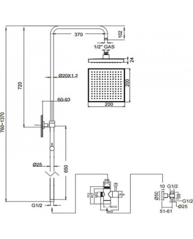 Στήλη Ντους Eurorama με Κολώνα Ρυθμιζόμενου Ύψους με τετράγωνη κεφαλή Χρωμέ (51400S-100)