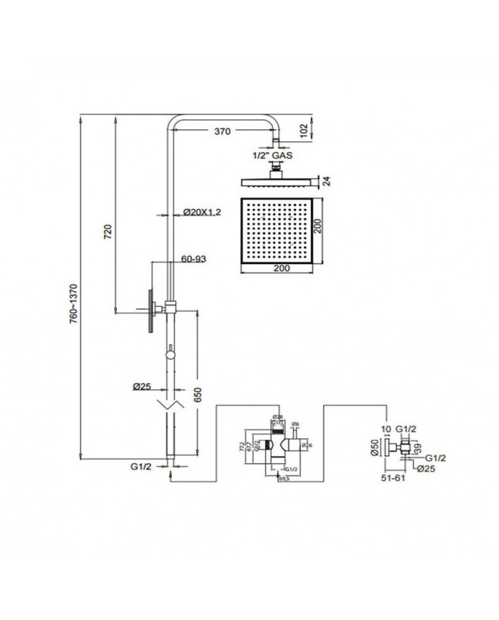 Στήλη Ντους Eurorama με Κολώνα Σταθερού Ύψους με Τετράγωνη Κεφαλή Χρωμέ (51404S-100)