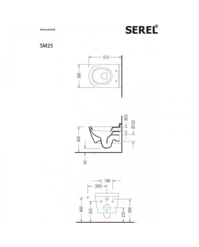 Hanging Bowl White Serel Smart SM25 (51.5 cm) With Bakelite Slim Soft close removable cover (9005SC-300)