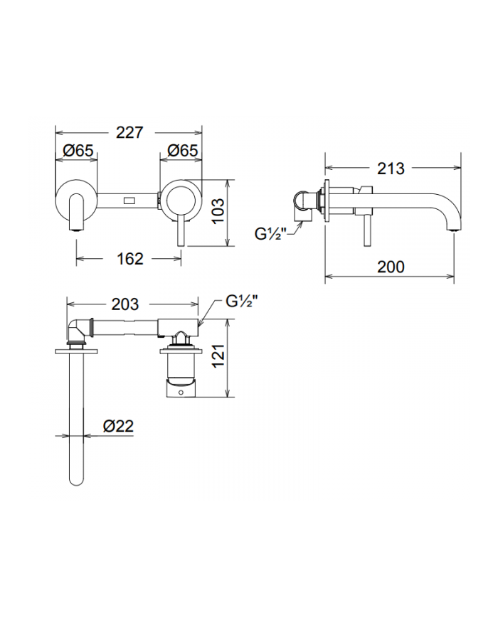 Εντοιχιζόμενη Μπαταρία Νιπτήρα Μίκτης & Στόμιο La Torre Tech Black Matt Μίας Εξόδου/Δύο Οπών (12208-400)