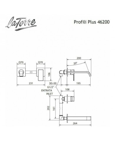 Εντοιχιζόμενη Μπαταρία Νιπτήρα Μίκτης & Στόμιο La Torre Profili Plus Μίας Εξόδου/Δύο Οπών (46200-100)