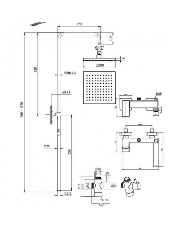 La Torre Pofili Plus Chrome Adjustable Height Three Outlet Shower Column With Faucet & Tilting Head & Telephone (46025-100)