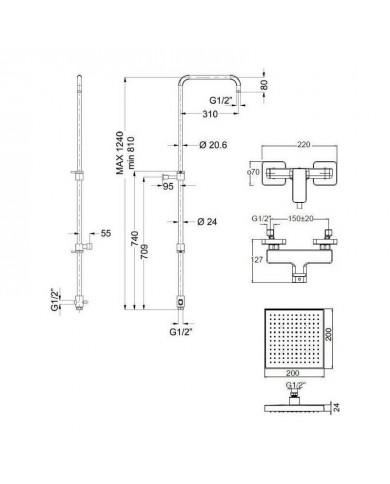 Στήλη Ντουζ Ρυθμιζόμενου Ύψους Eurorama Quadra Black Matt Με Μπαταρία & Ανακλινόμενη Κεφαλή & Τηλέφωνο (144065-400)