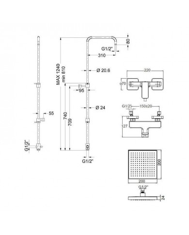 Στήλη Ντουζ Σταθερού Ύψους Eurorama Quadra Chrome Με Μπαταρία & Ανακλινόμενη Κεφαλή & Τηλέφωνο (144066-100)