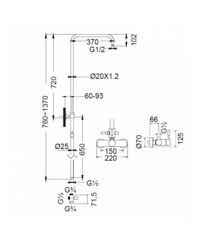 Στήλη Ντουζ Δύο Εξόδων Με Μπαταρία, Ρυθμιζόμενου Ύψους  La Torre Tech Inox Finish & Ανακλινόμενη Κεφαλή & Τηλέφωνο (12065-110)
