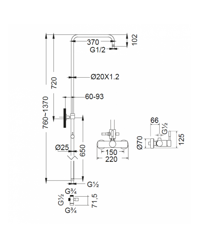 La Torre Tech Inox Finish Two Outlet Shower Column With Faucet, Adjustable Height & Tilting Head & Telephone (12065-110)
