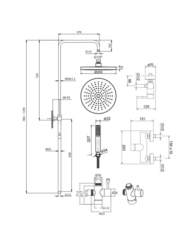 Στήλη Ντουζ Δύο Εξόδων Με Μπαταρία, Ρυθμιζόμενου Ύψους La Torre New Tech White & Ανακλινόμενη Κεφαλή & Τηλέφωνο (12065-300)