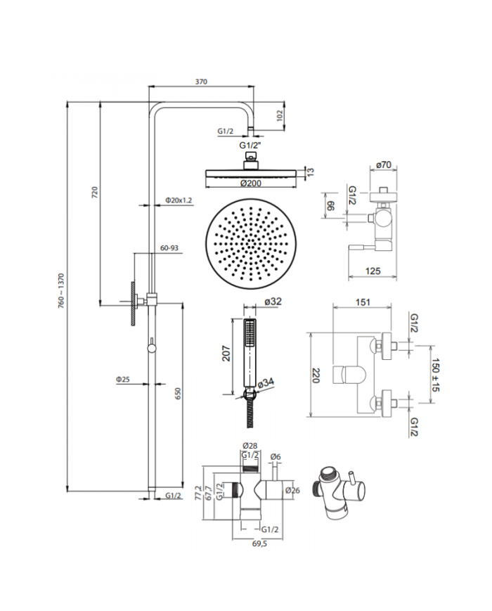 La Torre New Tech White Adjustable Height Dual Outlet Shower Column With Faucet & Tilting Head & Telephone (12065-300)