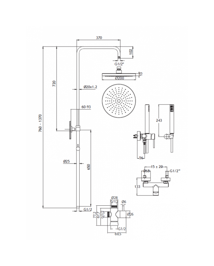 Eurorama Tonda Chrome Two Outlet Shower Column, Adjustable Height, With Faucet & Tilting Head & Telephone (145065-100)
