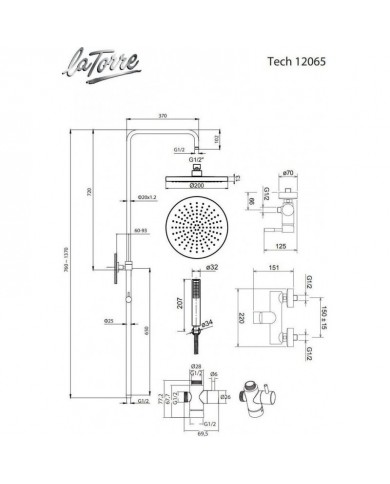 Στήλη Ντουζ Με Μπαταρία Ρυθμιζόμενου Ύψους Δύο Εξόδων La Torre New Tech Black Matt & Ανακλινόμενη Κεφαλή & Τηλέφωνο (12065-400)