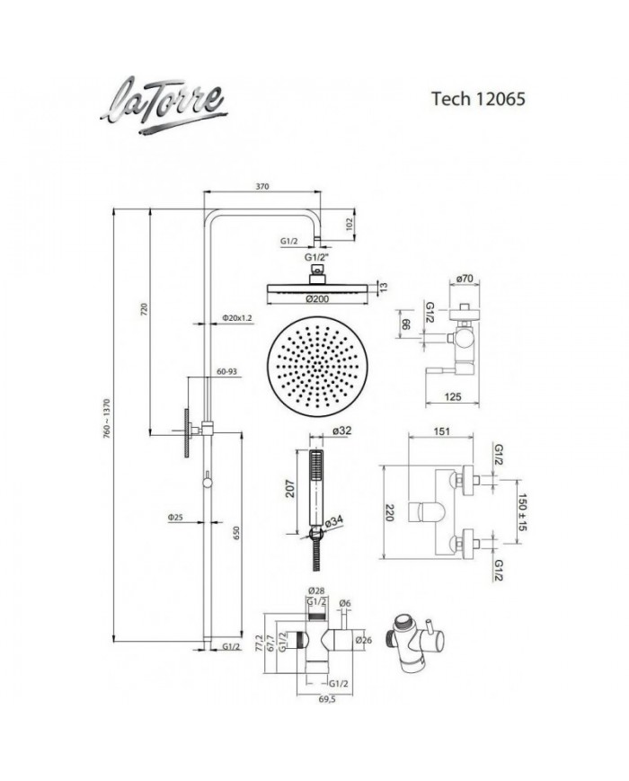La Torre New Tech Black Matt Height-Adjustable Two-Output Faucet Shower Column & Tilting Head & Telephone (12065-400)
