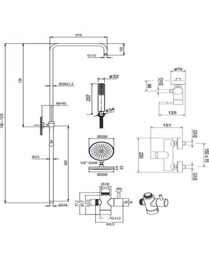 La Torre New Tech Chrome Fixed Height Dual Outlet Shower Column With Faucet & Tilting Head & Telephone (12066-100)