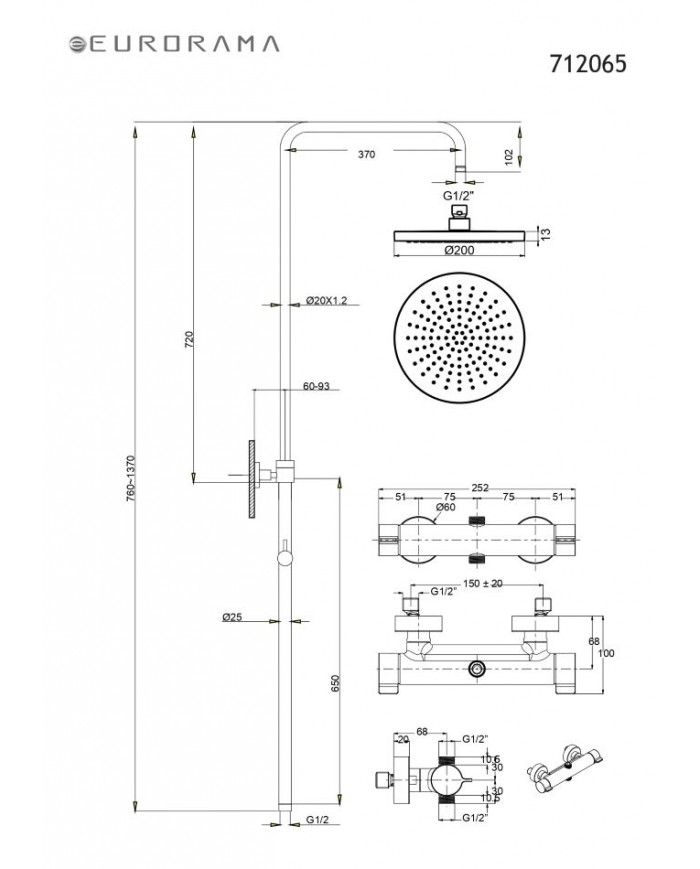 Adjustable Height Shower Column With Faucet Eurorama Charma Chrome Tilting Head & Telephone (712065-100)