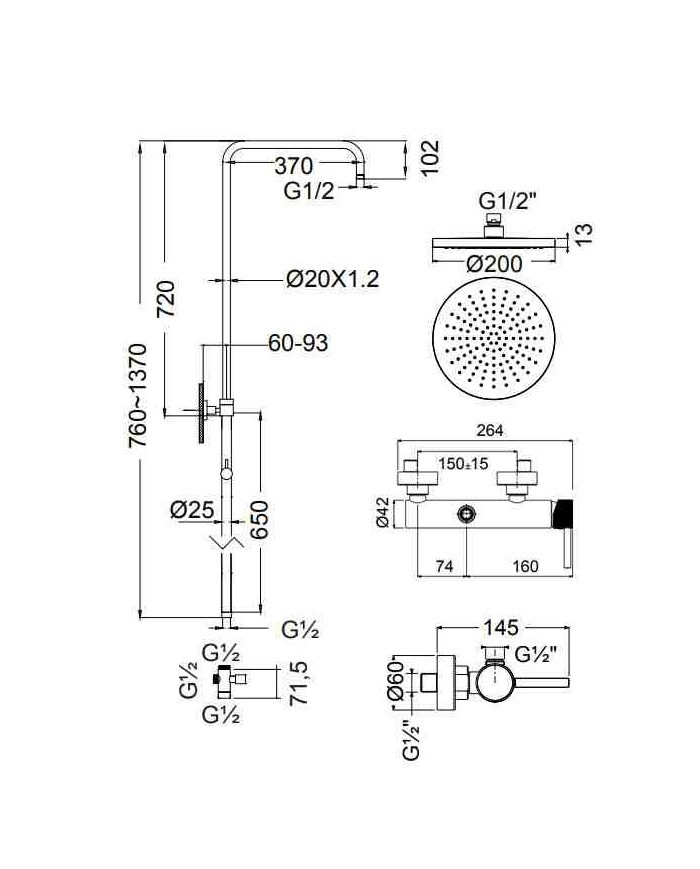 Armando Vicario Slim Inox Shower Column With Battery & Tilting Head & Telephone with Bracket (500065-110)
