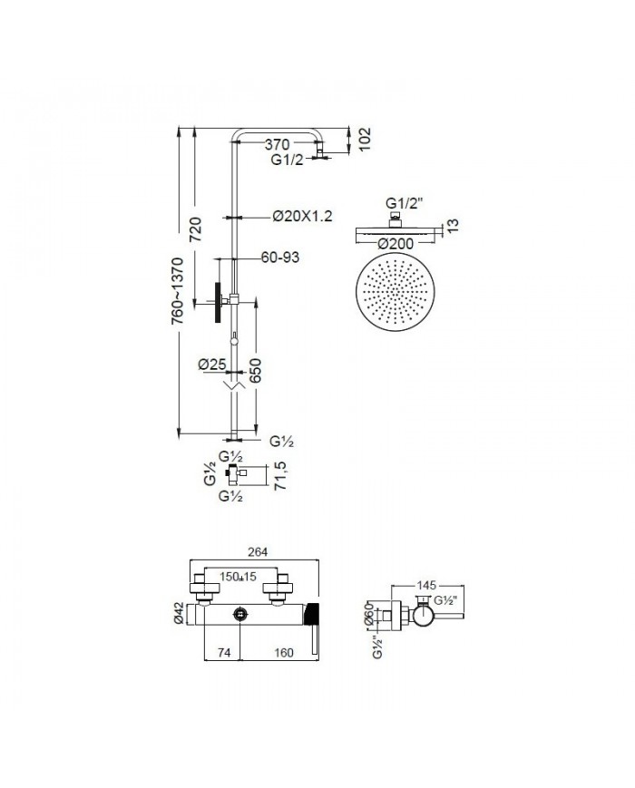 Armando Vicario Industrial Chrome Adjustable Height Shower Column With Faucet & Tilting Head & Telephone (512065-100)