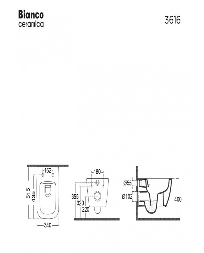 Rimless Hanging Bowl Bianco Ceramica Mizo with Bakelite Slim Soft Close Removable Cover (51.5cm)