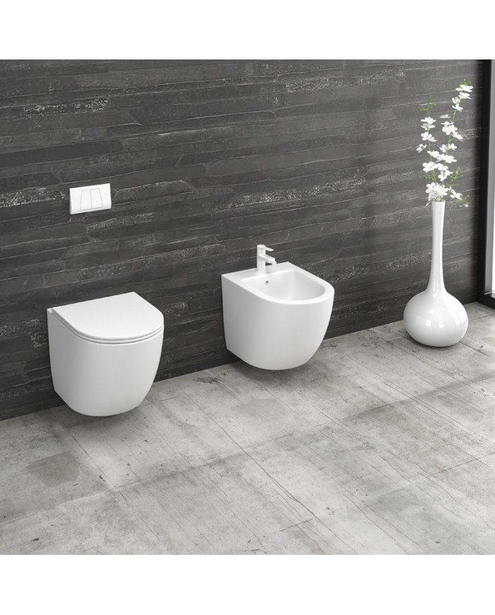 Rimless Hanging Basin with Slim Soft Close cover Milos LT 046E White Matt Karag