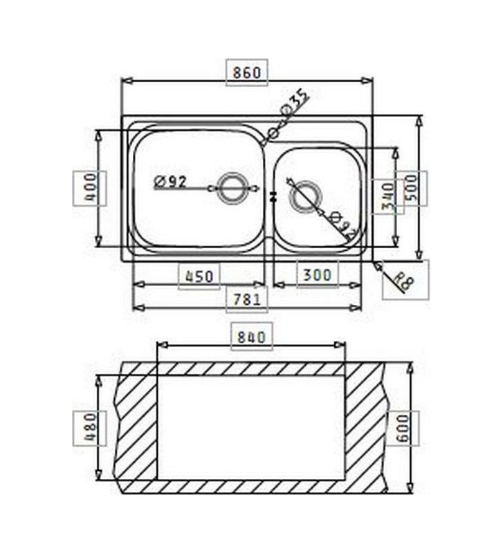 Νεροχύτης Pyramis INOX Amaltia PLUS 2B Ένθετος (86x50 cm)