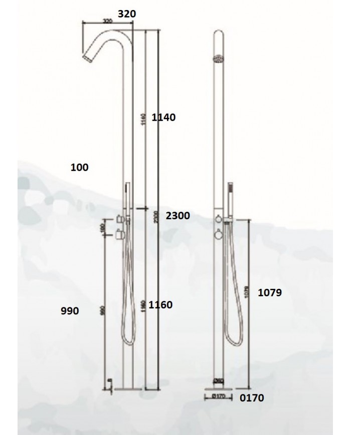 Outdoor Shower Column - Pool 3 Outlets Chrome Matt Tema 6017 Stainless Steel SS 316