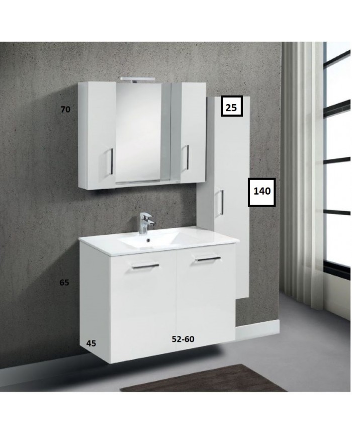 Έπιπλο Μπάνιου κρεμαστό Θήβη MDF Λάκα Λευκό 52-60 cm Βάση, Νιπτήρας,Καθρέφτης με Ντουλάπι, Στήλη: