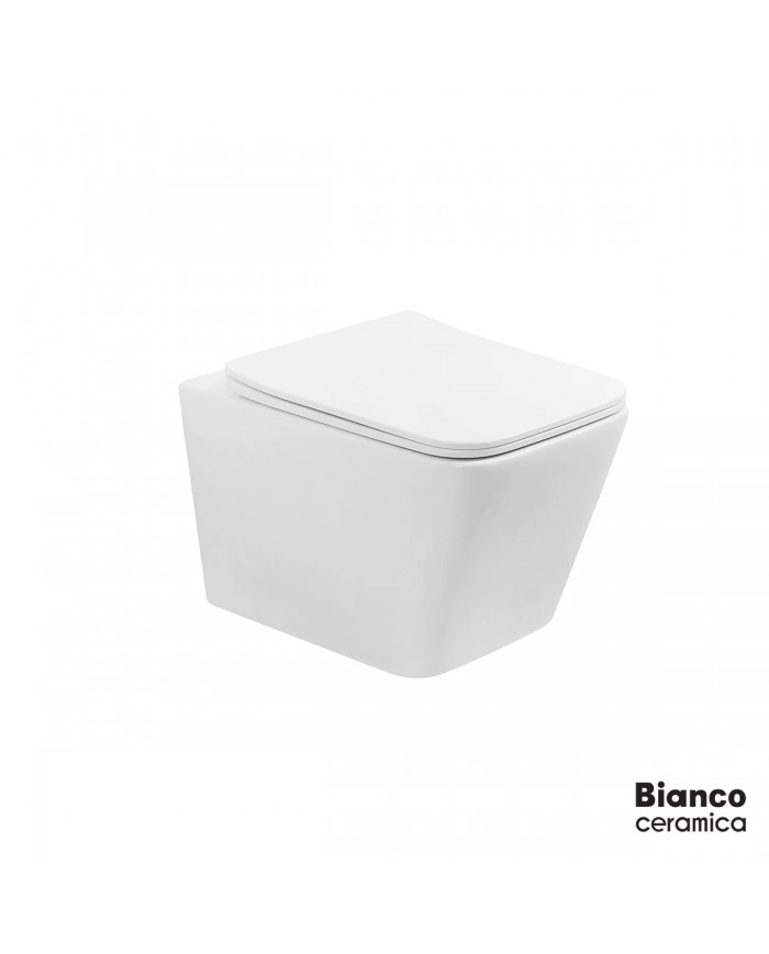 Rimless Wall-Hung Toilet Bianco Ceramica Lexa LX 110 with Removable Bakelite Slim Soft Close Cover (52.5cm) Color: White