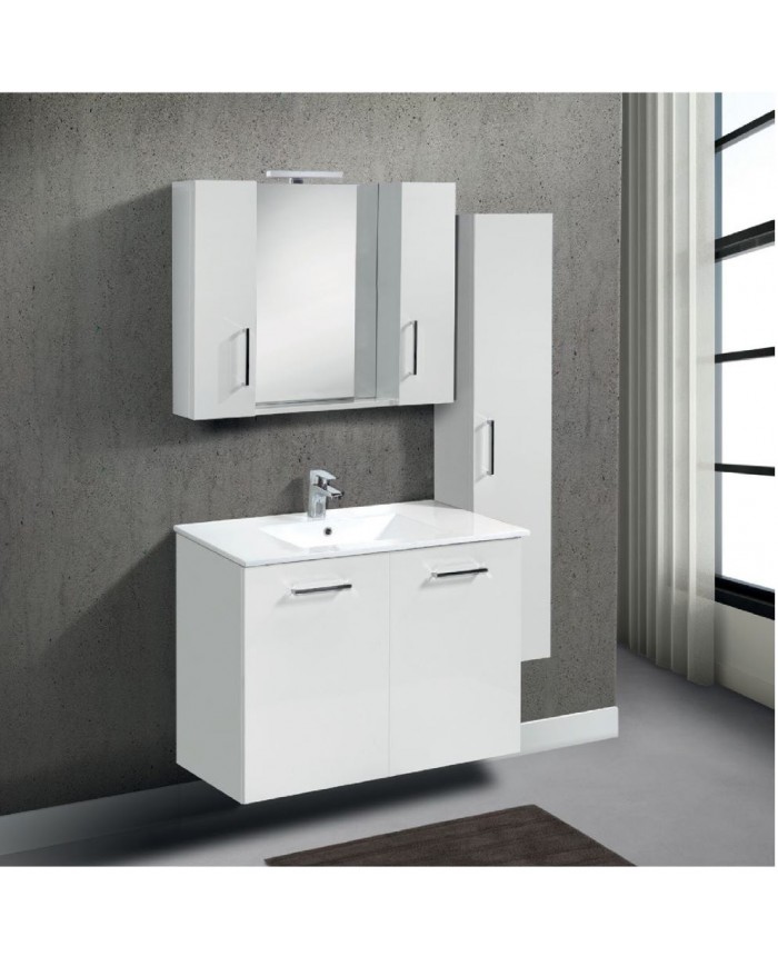 Wall-mounted Bathroom Furniture Chest MDF Lacquered White 70 cm Base, Washbasin, Mirror with Cabinet, Column: