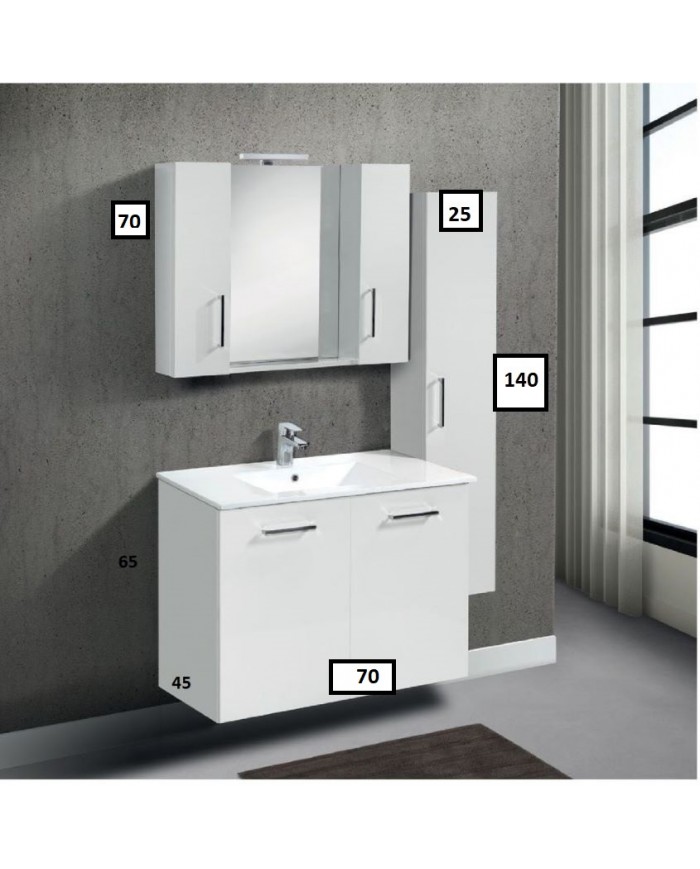 Wall-mounted Bathroom Furniture Chest MDF Lacquered White 70 cm Base, Washbasin, Mirror with Cabinet, Column: