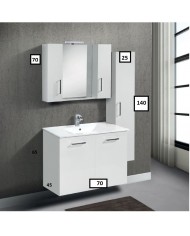 Wall-mounted Bathroom Furniture Chest MDF Lacquered White 70 cm Base, Washbasin, Mirror with Cabinet, Column: