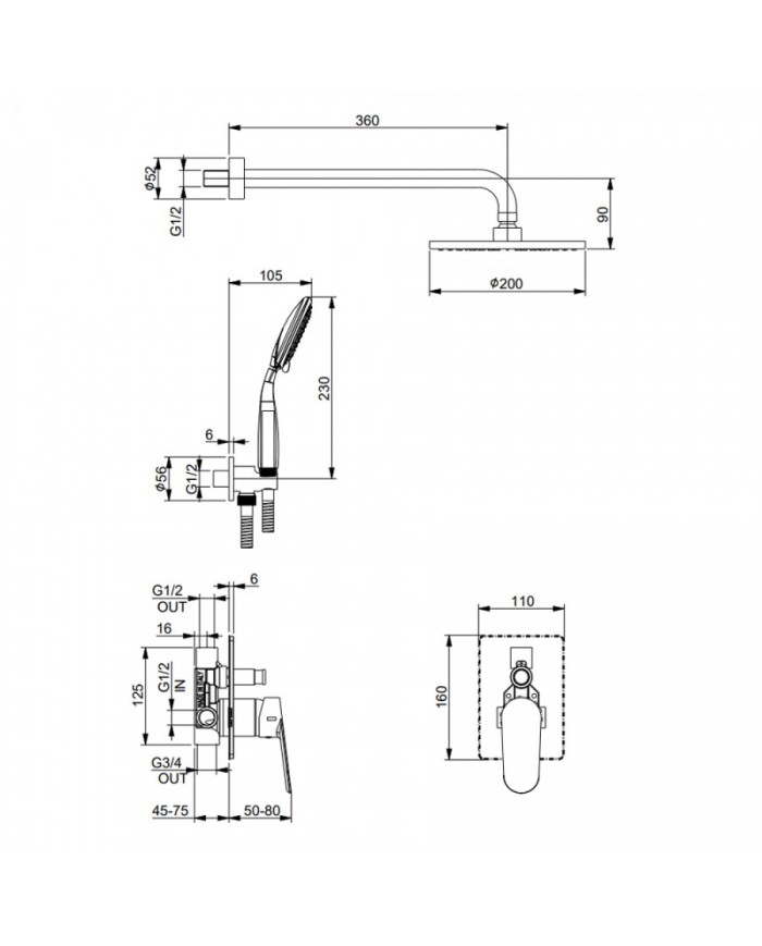 Built-in Complete Bathroom Set Chrome Fiore Kevon 2 Outlet Mixer & Bell Ø20cm & Telephone with Stand (81CR6556)