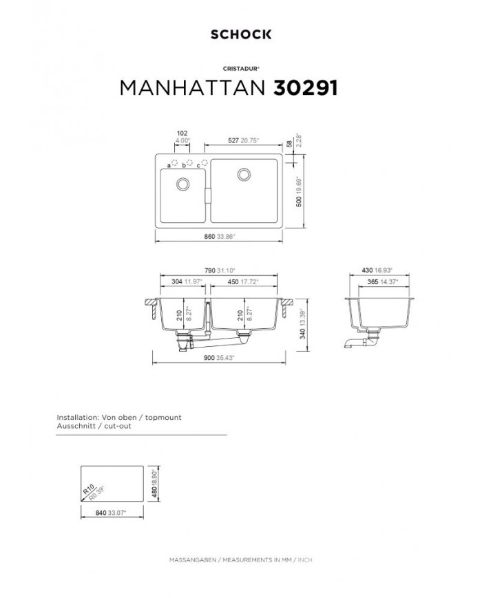 Νεροχύτης Ένθετος Schock Cristalite Manhattan με Δύο Γούρνες 86x50cm Χρώμα: Everest