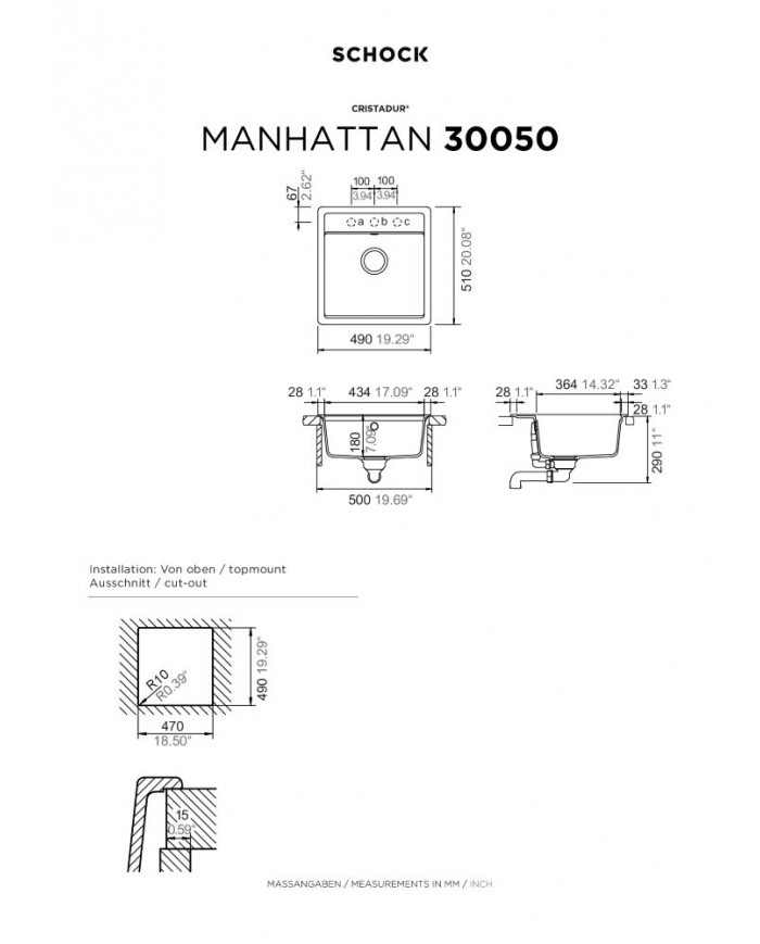 Νεροχύτης Ένθετος Schock Cristalite Manhattan Μία Γούρνα 49x51 Χρώμα: Everest