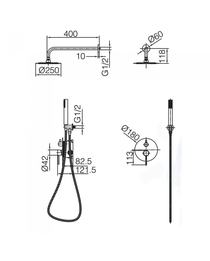 Built-in Complete Bathroom Set Imex Monza Gold Matt PVD Mixer 2 Spouts & Inox Bell Ø25cm & Tel. & Bracket (GPM039/OC)
