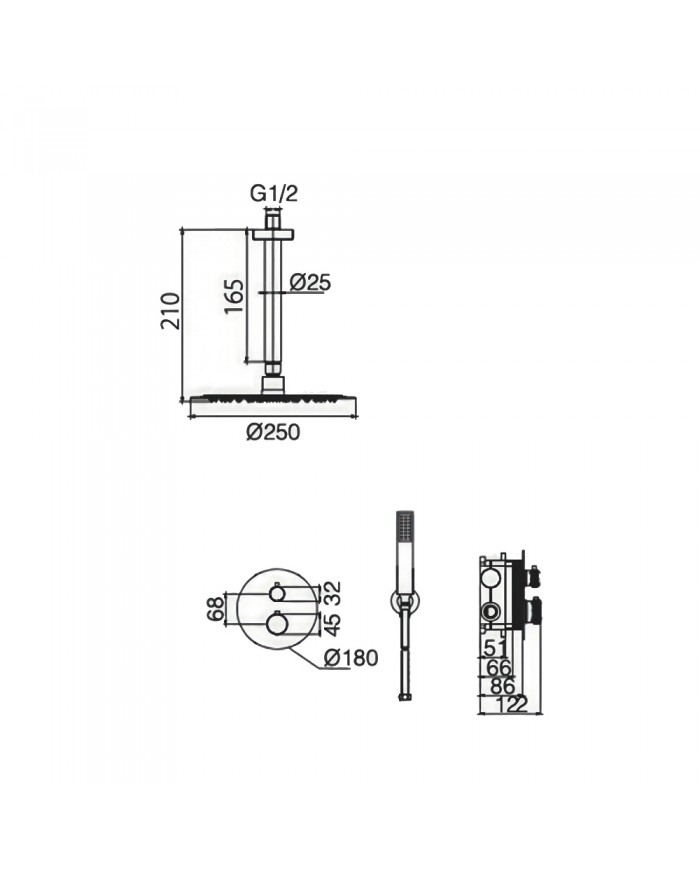 Built-in Bathroom Set Imex Line Chrome Thermostatic Mixer 2 Outlets & Inox Bell Ø25cm & Telephone & Mixer (GTD038)
