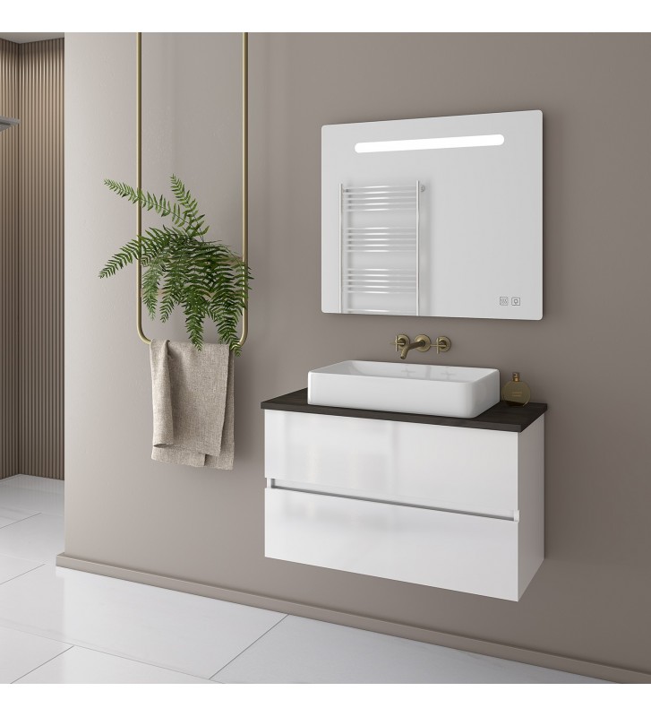 Bathroom Furniture Drop Luxus 80 White-Top-2 Stand, Washbasin, Mirror