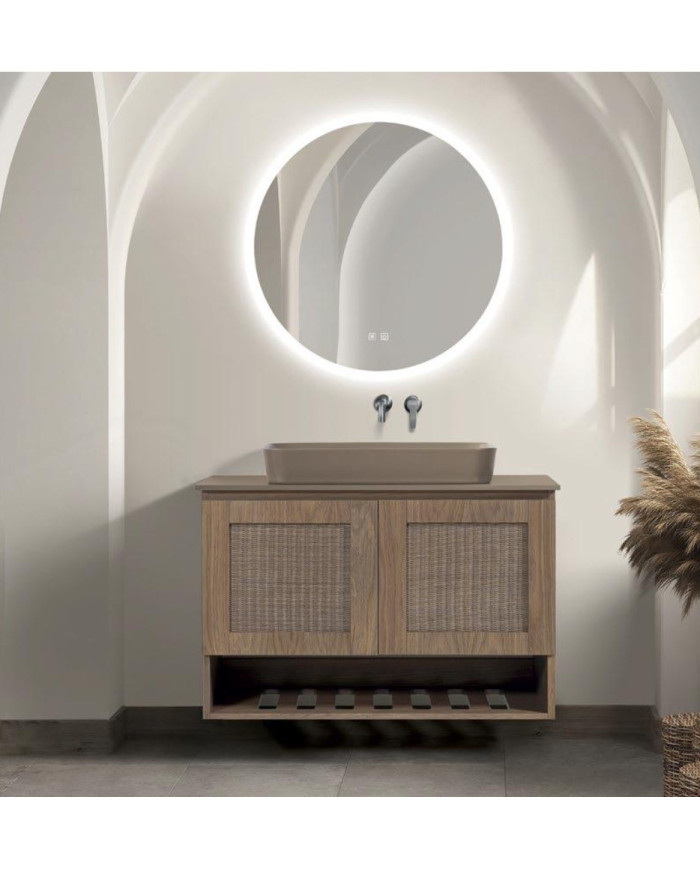 Έπιπλο Μπάνιου Λυδία 080 Χειροποίητο από Κόντρα Πλακέ Θαλάσσης με Επένδυση Καπλαμά Δρυς, Βάση, Καπάκι, Νιπτήρας, Καθρέπτης